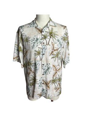 Moda Campia Button Up Hawaiian Shirt M Cream Palm Tree Short Sleeve Camp Pocket